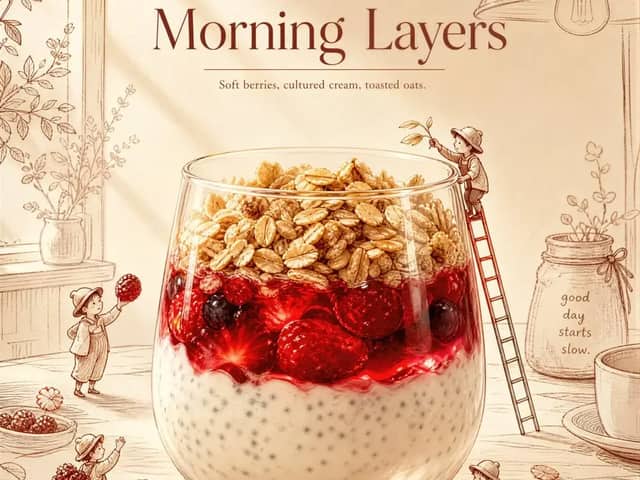 Create an ultra-premium breakfast parfait advertising poster