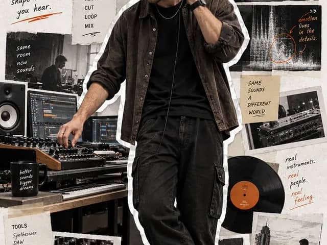 Create a 9:16 full-body editorial portrait poster
