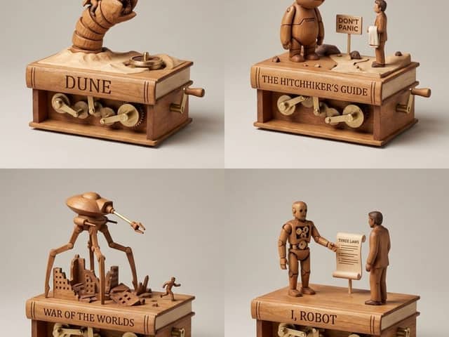 Sci-Fi Book Automaton Macro Product Photography Prompt