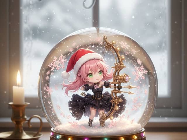 Anime Chibi Character in a Photorealistic Christmas Snow Globe