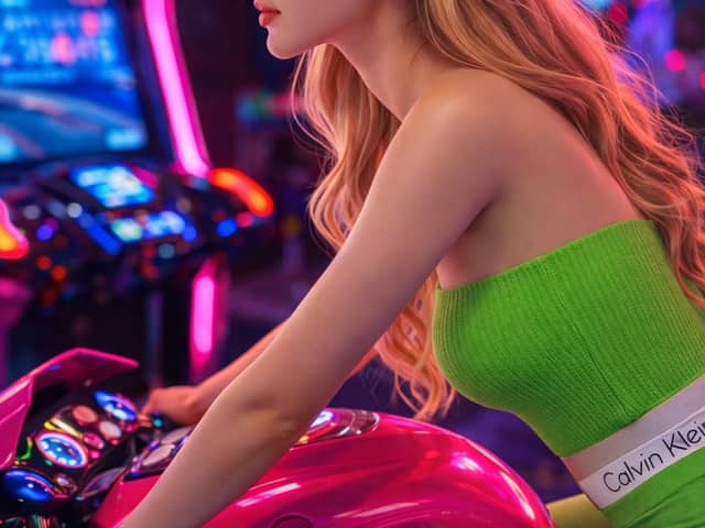 Arcade Racing Portrait in Neon Green and Pink
