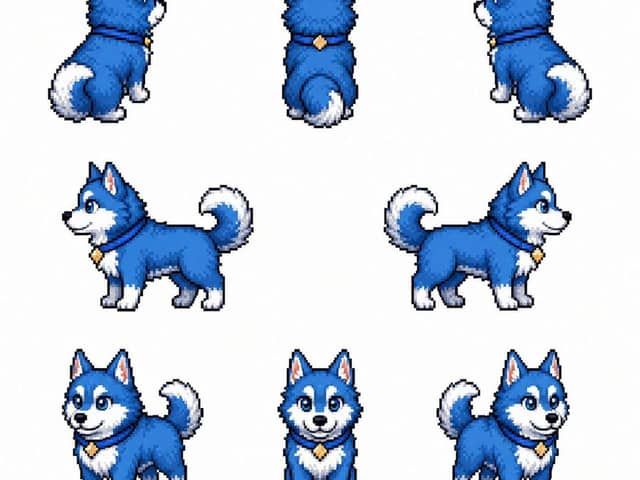 Foglio sprite pixel di un husky blu
