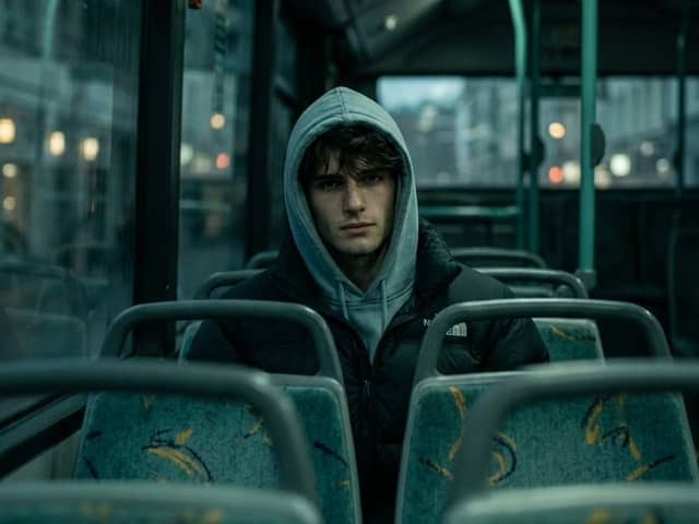 Plano Interno Cinematográfico de um Homem em um Ônibus Mal Iluminado