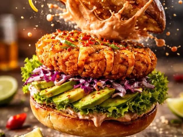 Cinematic Mid-Air Shrimp Burger Photo Prompt