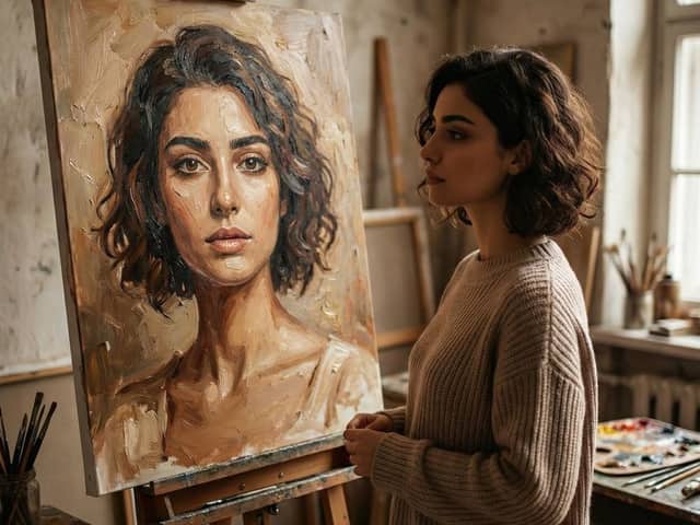 Cinematic Studio Scene of Woman Observing Portrait
