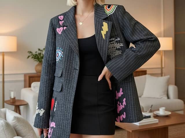 E-commerce Product Listing: Embroidered Pinstripe Blazer