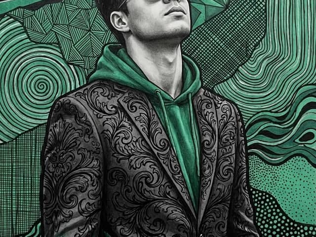 Emerald and Charcoal Mixed-Media Pop Realism Portrait Prompt