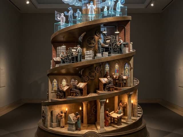 Helical Tower Sculpture Prompt for Visualizing Historical Evolution