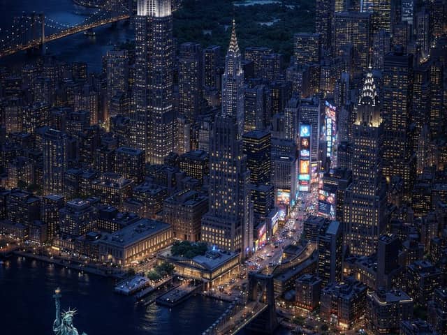 Isometric miniature 3D cartoon scene of New York