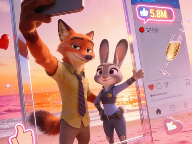 Nick and Judy Pink Beach Instagram-Style Selfie