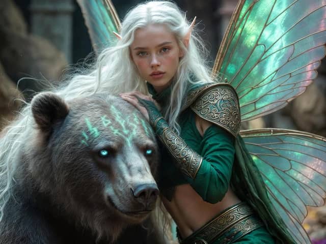 Photorealistic Fantasy Scene: Fairy and Muscular Bear in Cavern