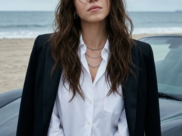 Photorealistic Fashion Portrait on Car Hood at Seaside