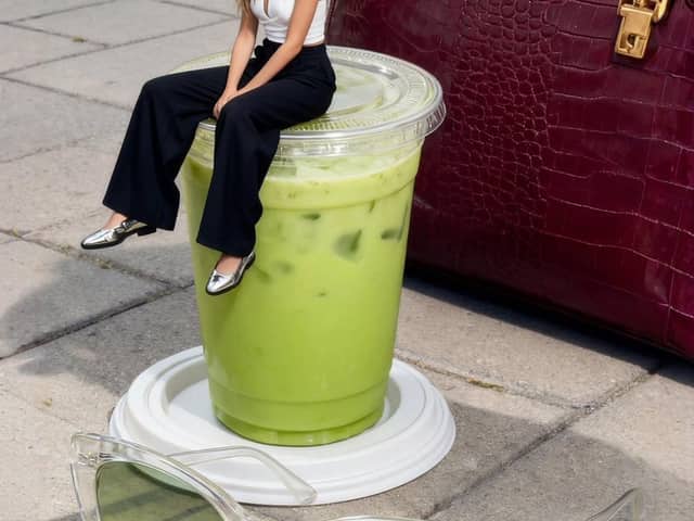 Photorealistic Miniature Woman on Milkshake Cup