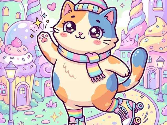 Chat Kawaii Pop Surréaliste en Rollers