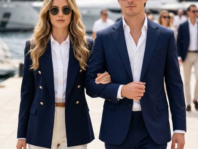 Quiet Luxury Couple on a Marina Promenade