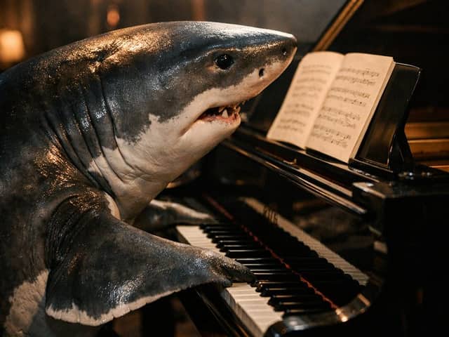 Realistic Shark Playing Piano Benchmark Prompt