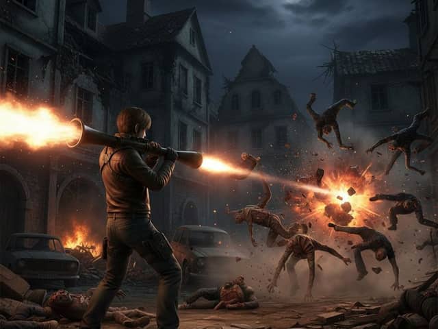 Scena d'azione con il lanciarazzi di Resident Evil