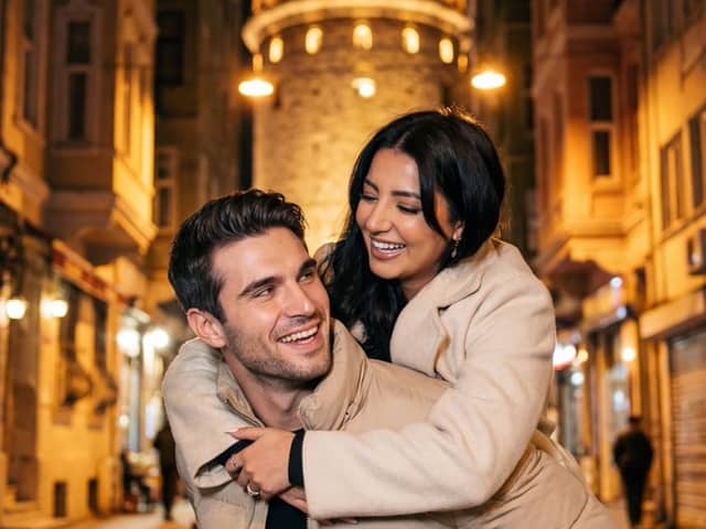 Romantic Nighttime Piggyback in front of Galata Tower