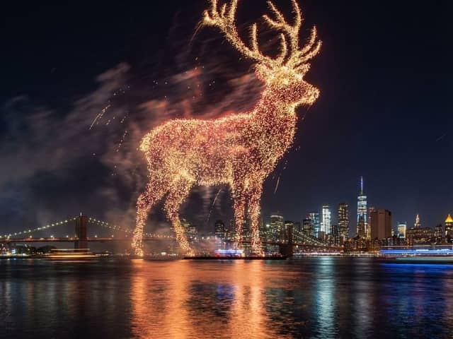 Santa Claus Fireworks over City Skyline