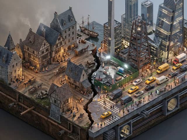 Split-Era Urban Diorama Generation Prompt for Nano Banana Pro