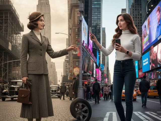 Split-Screen Cinematic Time Travel Prompt