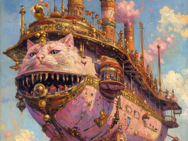 Deniz Üzerinde Steampunk Kedi Hava Gemisi