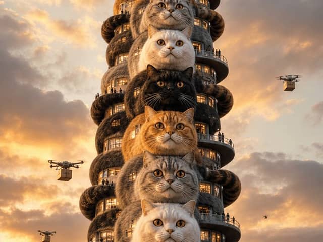 Arranha-céu de gatos surreal em Tóquio