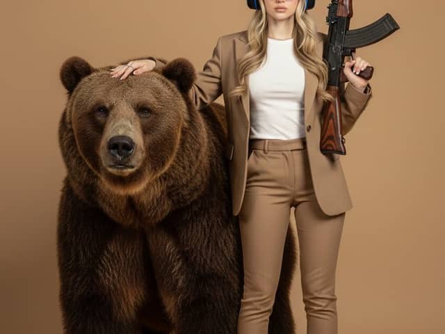 Surreal Studio Portrait with Grizzly Bear and Rifle