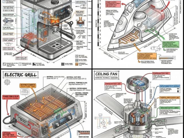 Technical Infographic of an Object with Isometric 3D View