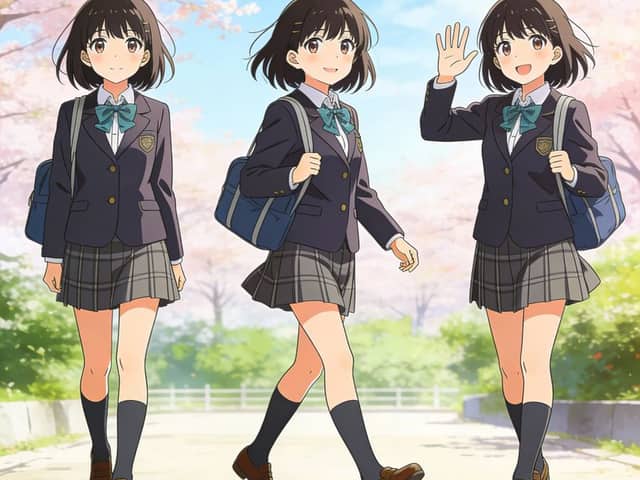 Prompt de cohérence pour une fille anime en trois poses