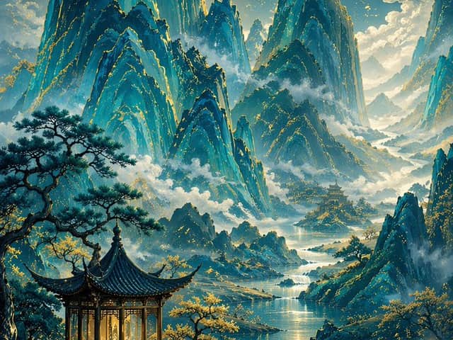 Paisagem Tradicional Chinesa em Tons de Azul e Verde