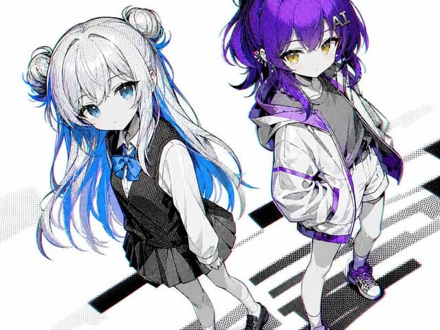 Deux filles style anime aux cheveux éclatants