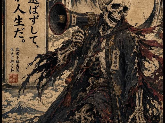 Poster con citazione dello scheletro salaryman in stile Ukiyo-e