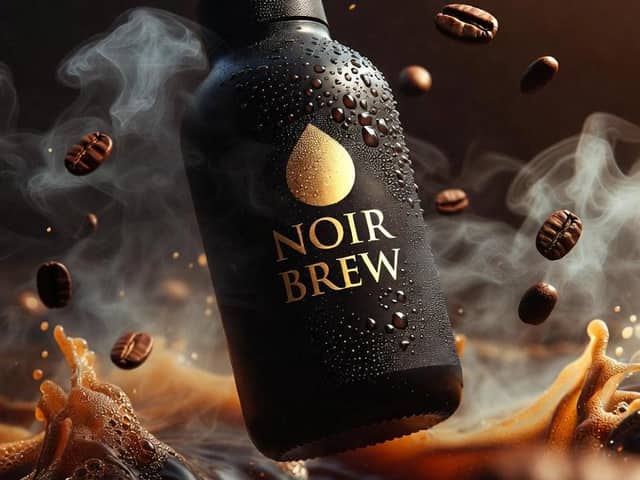 Ultra-Cinematic Product Photography of 'NOIR BREW' Coffee Bottle