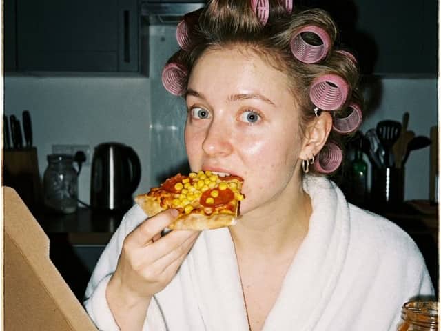 Ultra Photorealistic Candid Flash Portrait of a Woman Eating Pizza