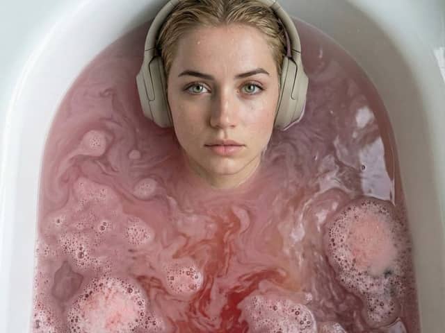 Ultra-Photorealistic Cinematic Portrait in a Bathtub with Noise-Canceling Headphones