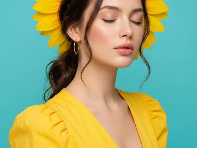 Ultra-Realistic Commercial Portrait with Yellow Dress and Turquoise Background