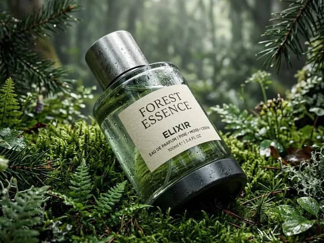 Photo de produit ultra-réaliste du parfum Forest Essence Elixir