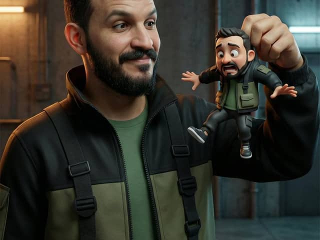 Ultra-Realistic Man Holding Cartoon Miniature of Self
