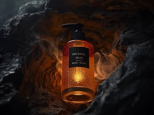 Photo de produit ultra-réaliste de gel douche Incense Oud