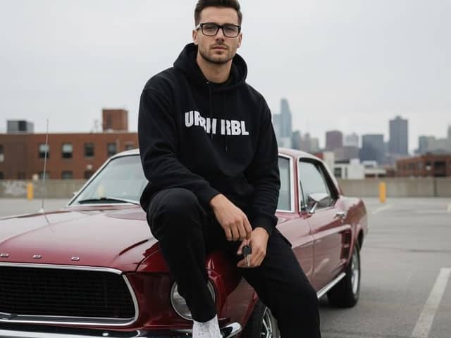 Ritratto di stile di vita urbano su muscle car d'epoca Prompt