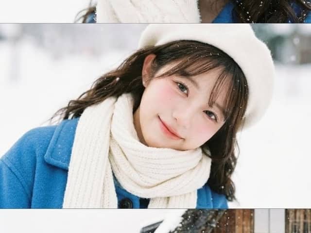 Vertical film strip collage of an Asian woman in a snowy Hokkaido setting
