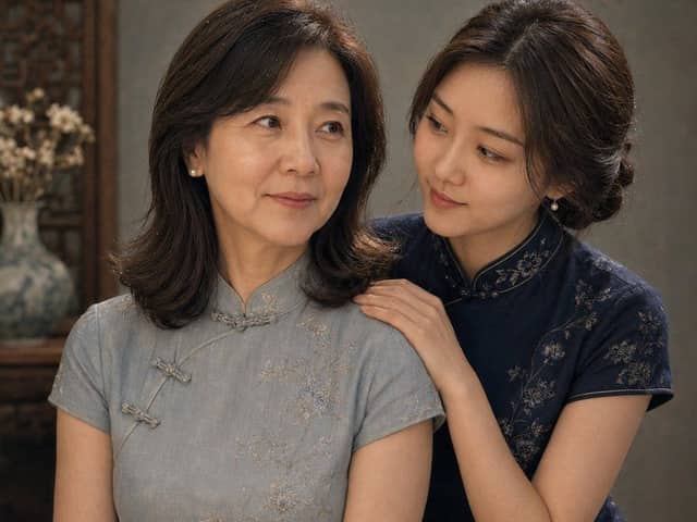 Retrato Vintage de Mãe e Filha de Qipao