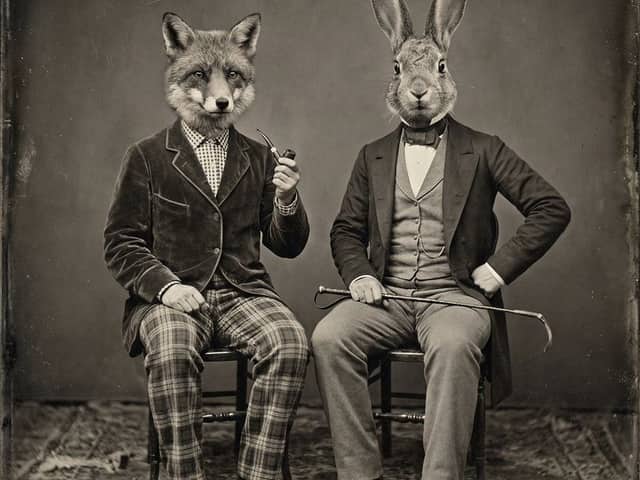 Retrato Vintage em Sépia com Cabeças de Animais