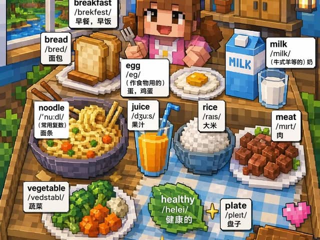 Affiche de vocabulaire bilingue sur le petit-déjeuner en art voxel