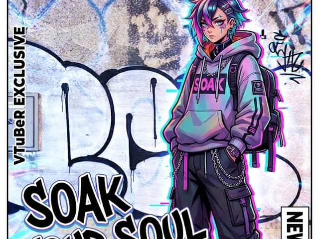 VTuber-style street-fashion thumbnail from a city photo