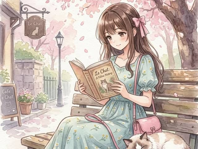 Garota de anime em aquarela lendo sob cerejeiras