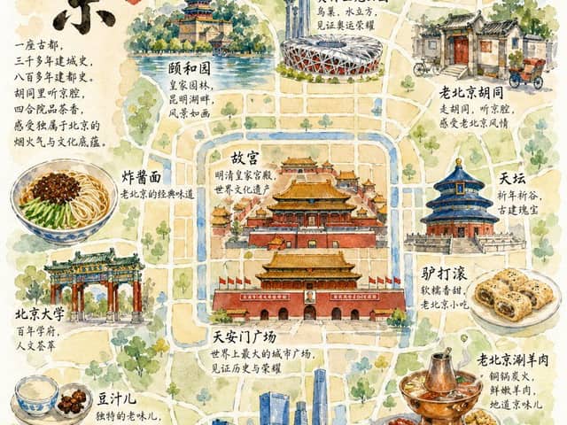 Pôster de Mapa de Viagem em Aquarela de Pequim