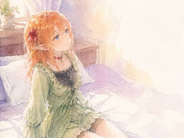 Fille elfe à l'aquarelle sur un lit baigné de soleil