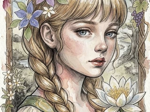 Portrait floral à l'aquarelle d'une jeune fille